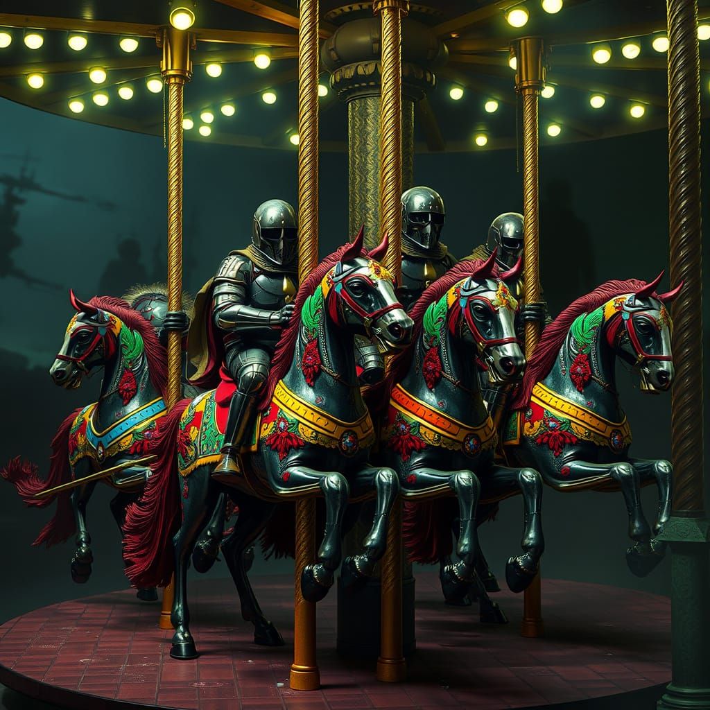 Four Armored Riders on Carousel Horses in Dark, Ominous Styl...