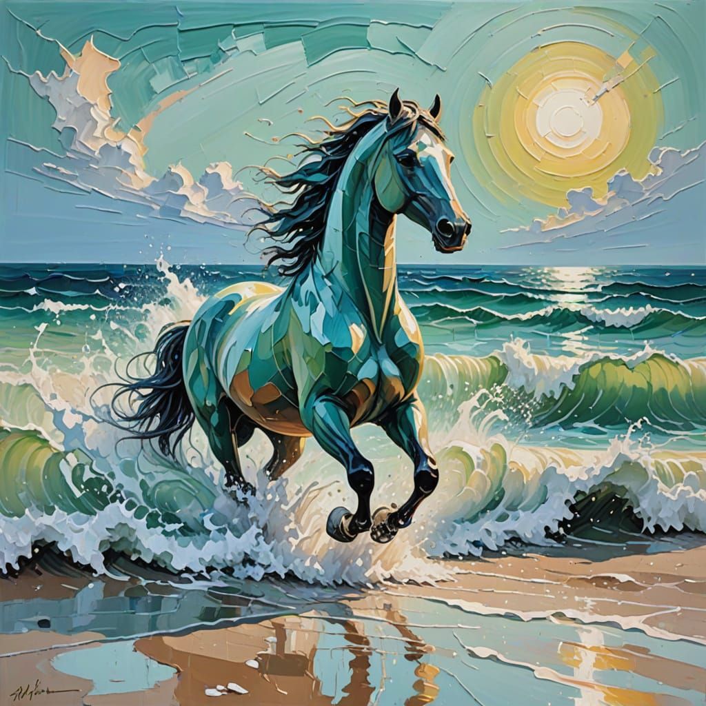 Seascape Impasto: Whimsical Seafoam Horse Jumps Ashore