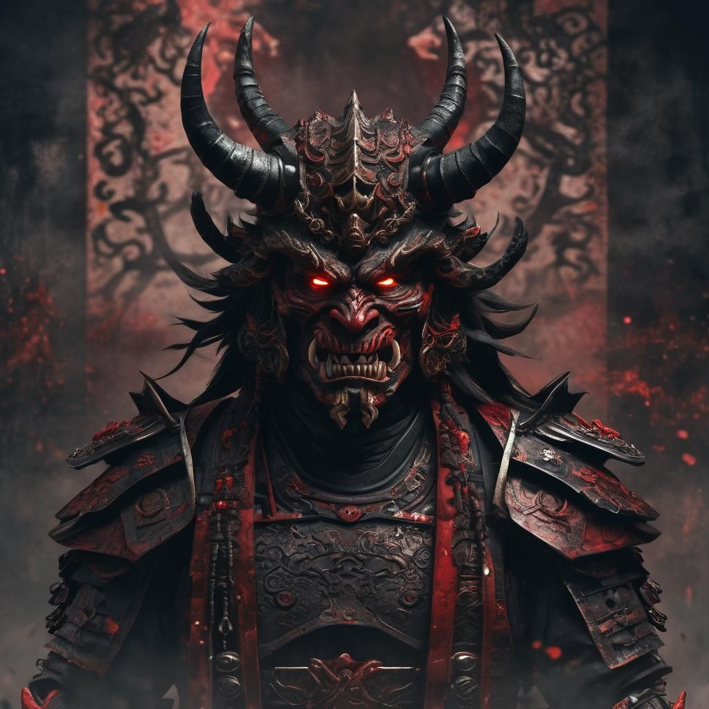 Fearsome Oni Samurai Warrior with Kitana in Dark Fantasy Sty...