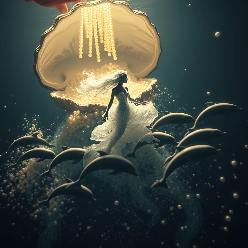 Crystal Mermaid Dances with Dolphins Amidst Pearls and Oyste...