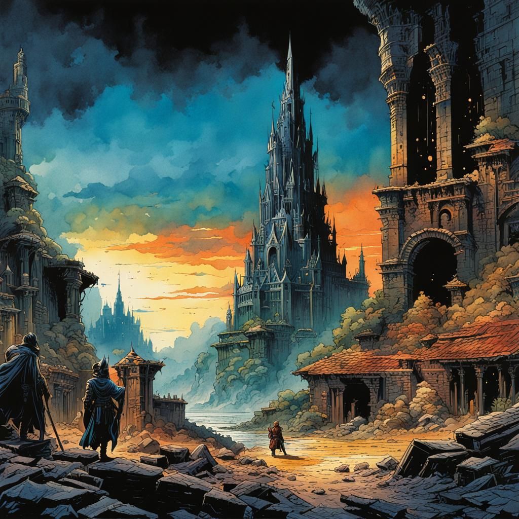 Medieval City's Ruins: Watercolor Comic Book Art