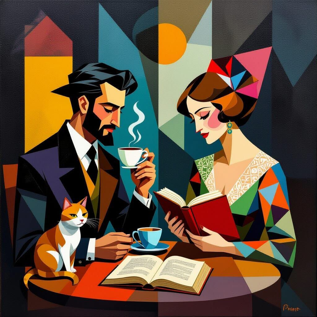 1600s Figures With Cats, Coffee & Ghost Books in Cubist Styl...