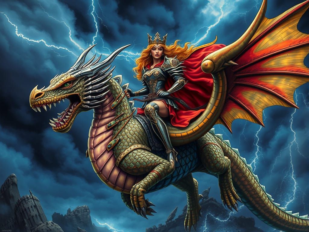 Majestic Queen Rides Stormy Dragon into Battle