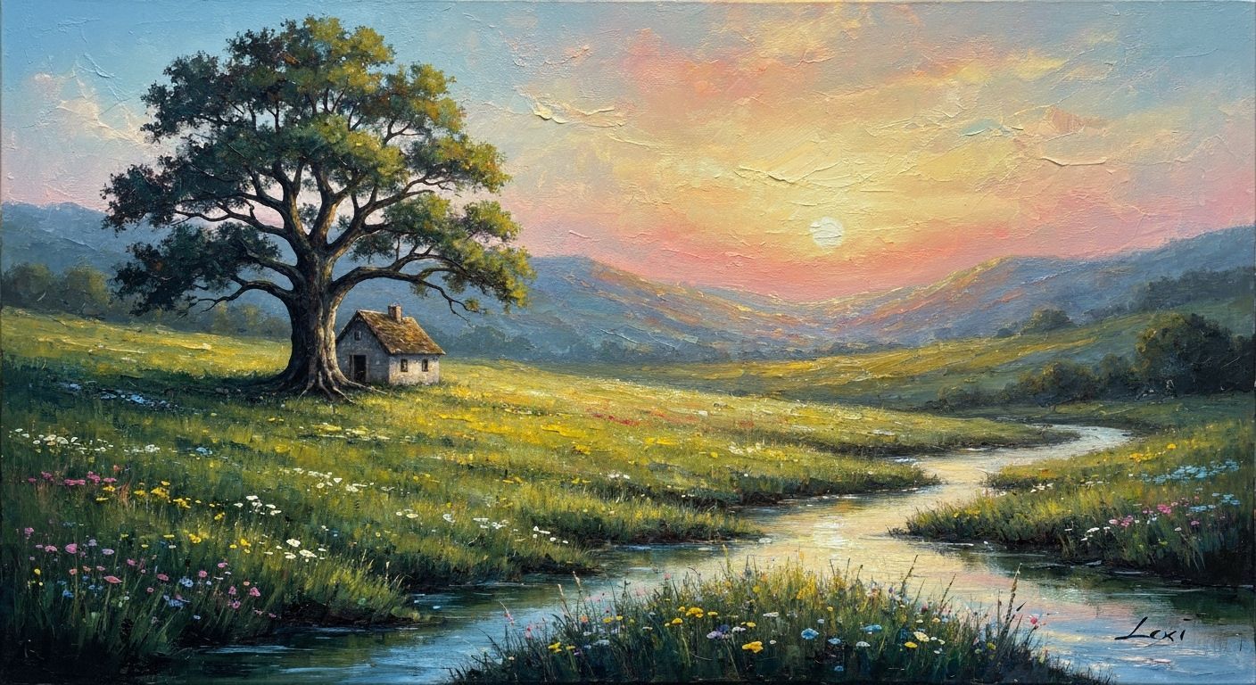 Cottage and Oak Tree in Abstract Expressionist Style