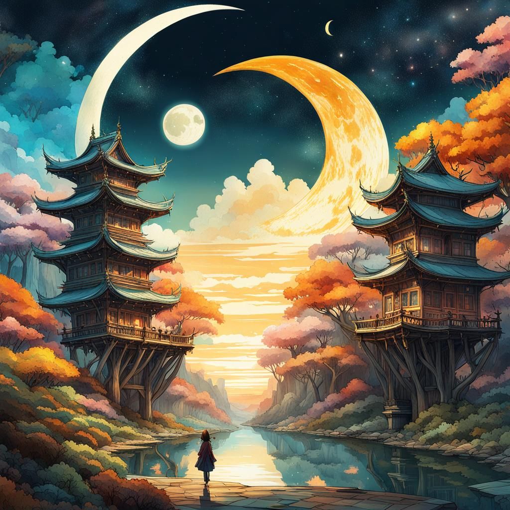 Anime Landscape: Sun, Moon, and Spiral Portal