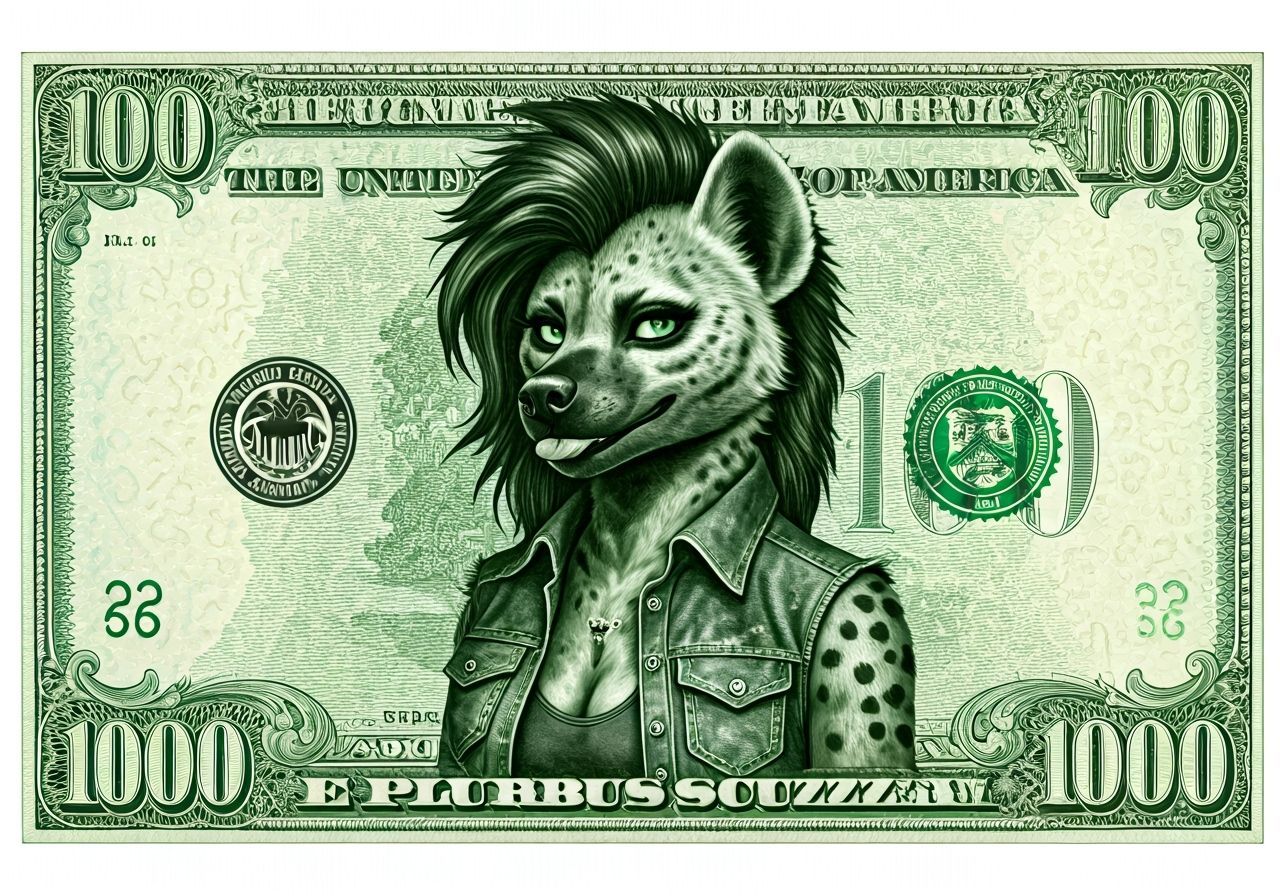 Faded $1000 Bill with Anthropomorphic Hyena in Neon Dive Bar