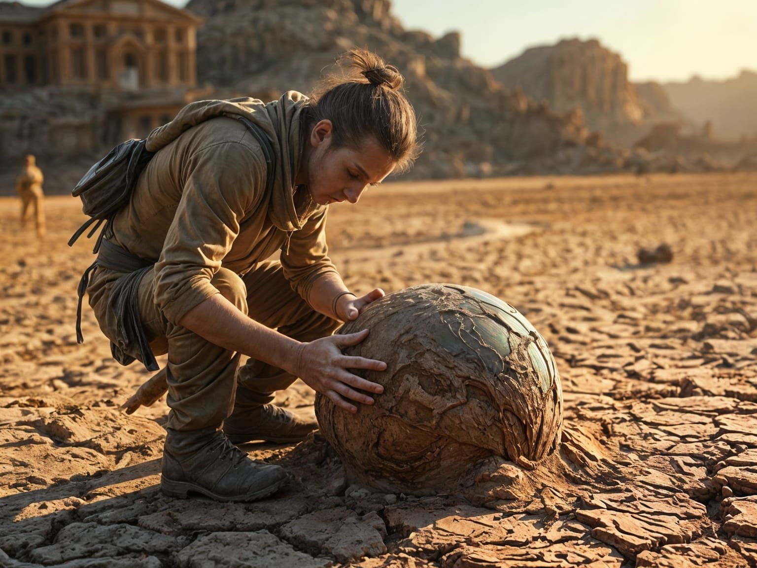 Sculptor Shapes Earth on Clay Plain: Iridescent Art