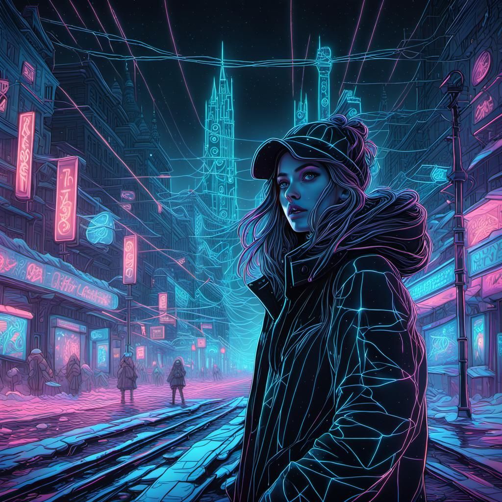 Girl in Winter Neon City: Detailed Line Art
