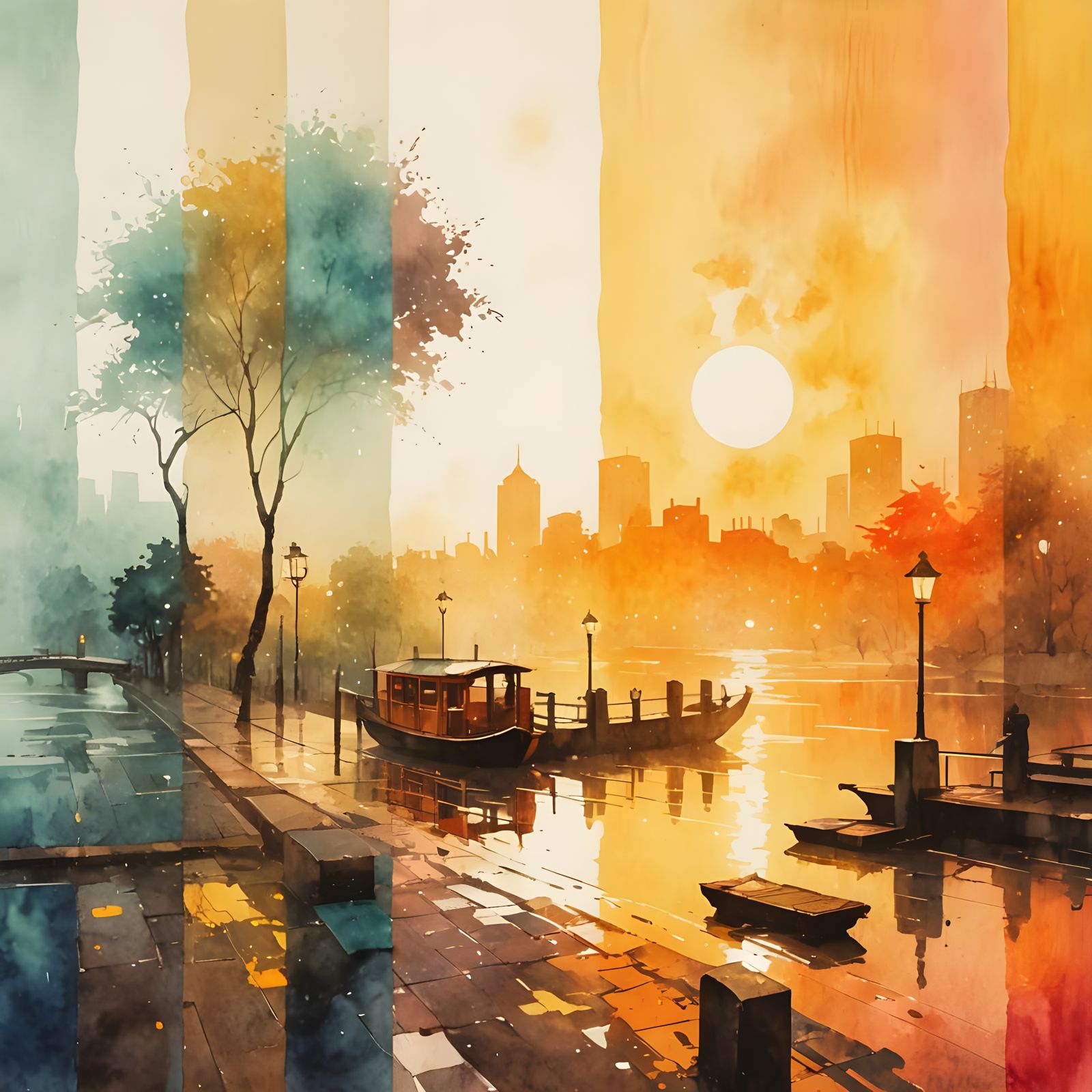 Detailed Watercolor Painting with Japanese Print Influence