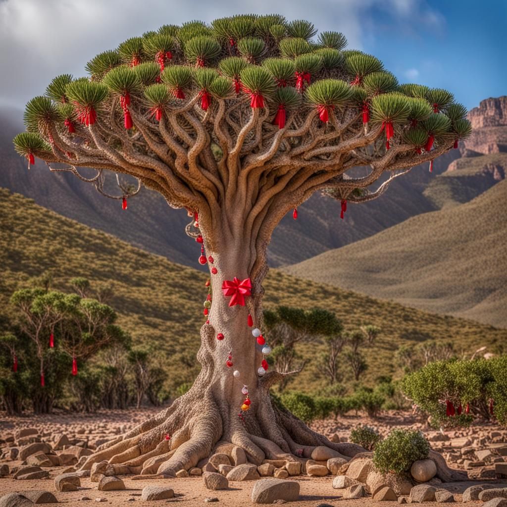 Socotra Dragon Tree decorated for christmas