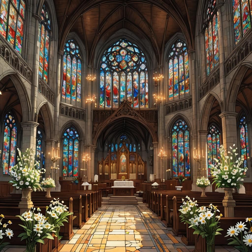 Cathedral Interior with Priests and Flowers in Anime Style