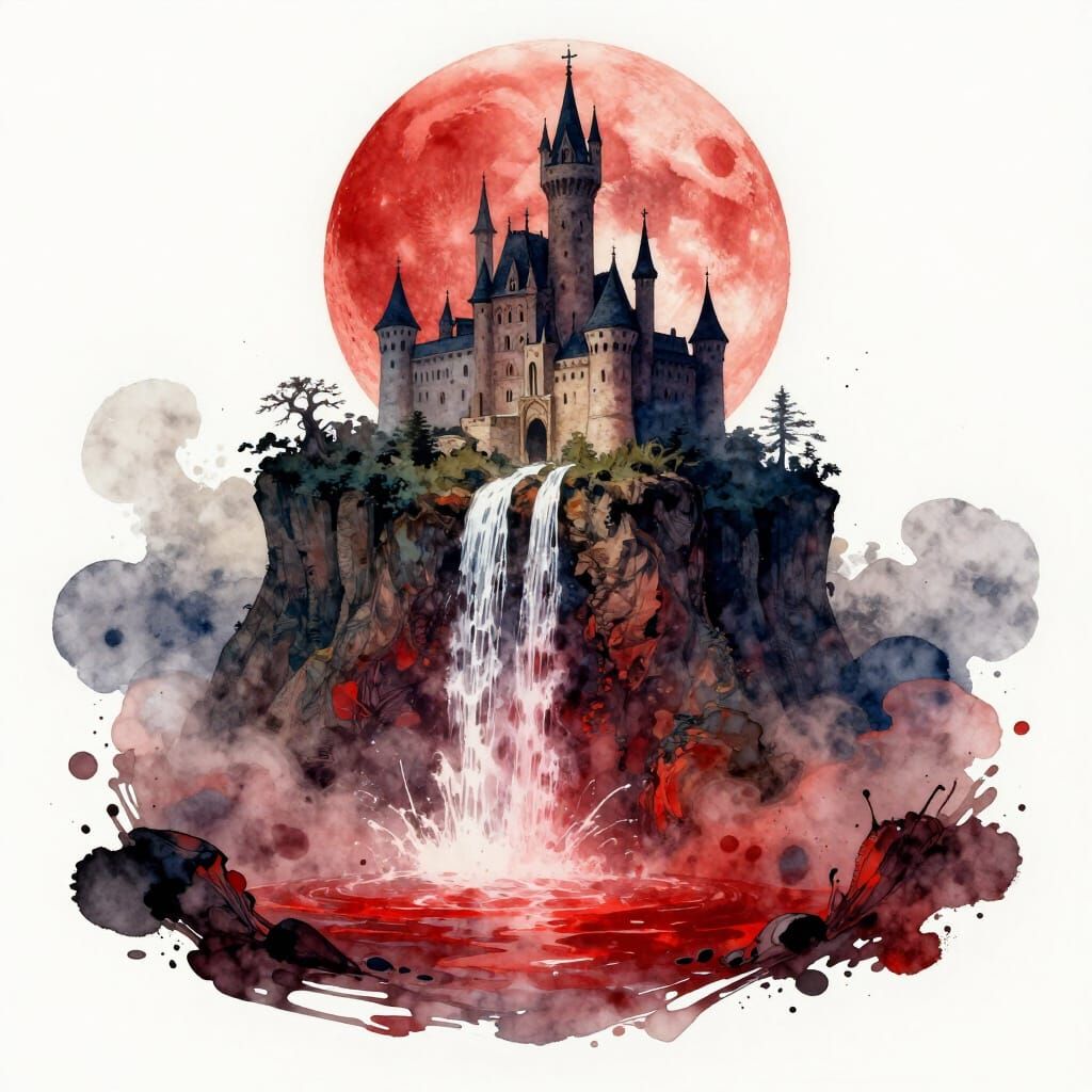 Fantasy Castle Above Crimson Abyss Under Blood Moon