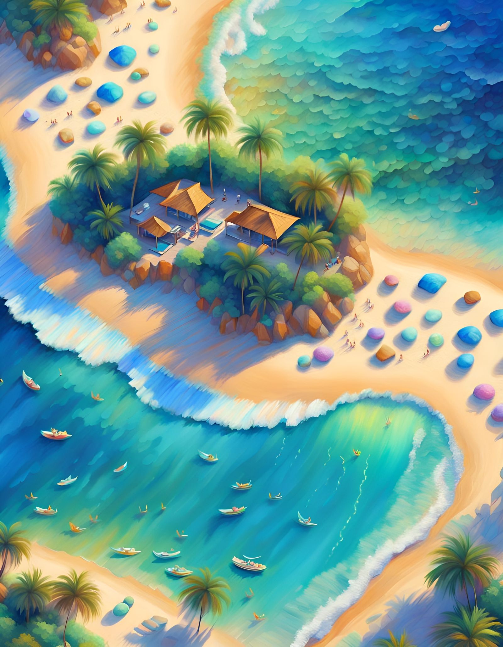 Island Oasis: Pointillist Beach Scene in Pastel Colors