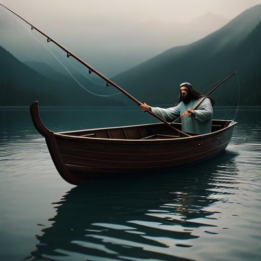 Cinematic Image of Jesus Fishing from a Boat