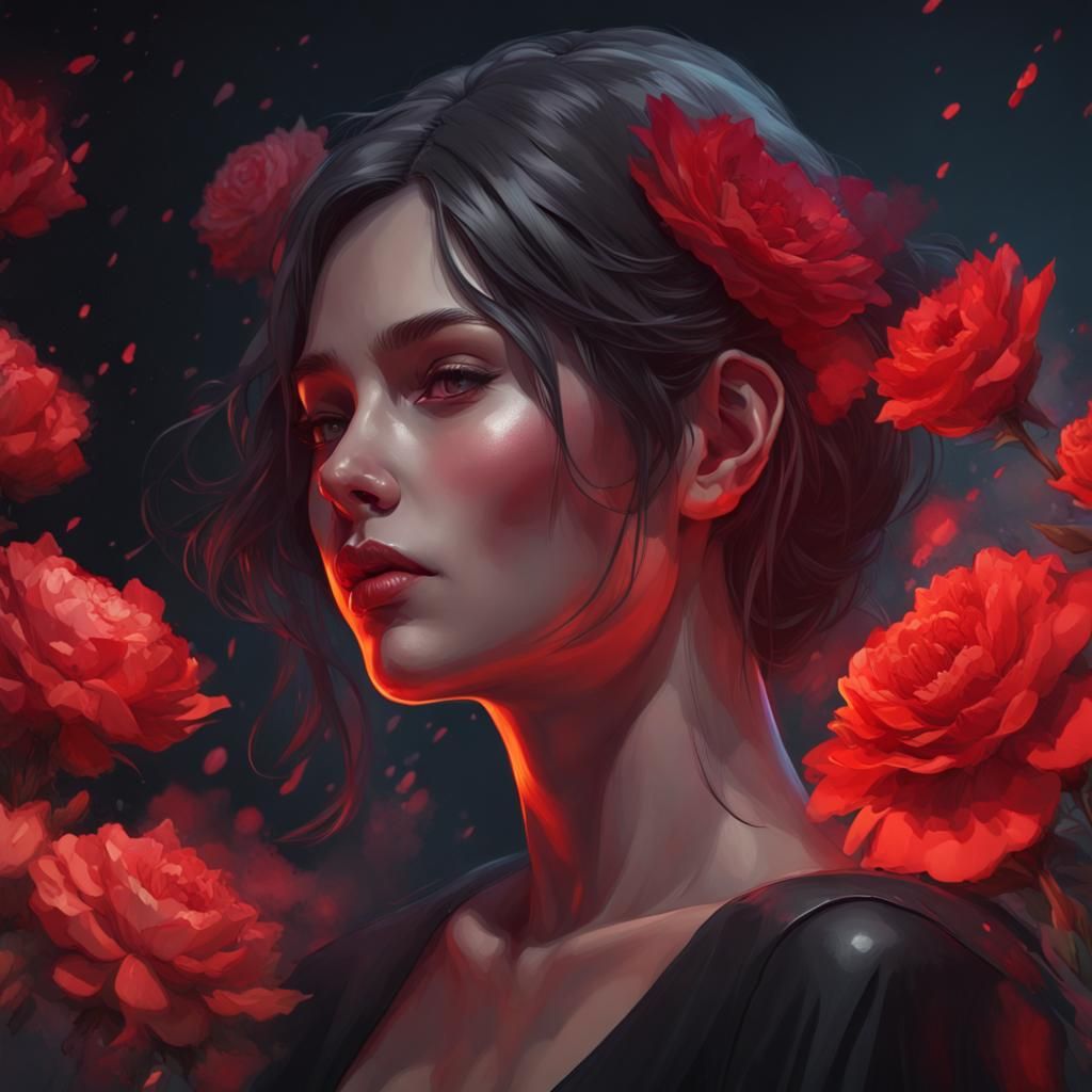 Girl in Black with Red Flowers: Digital Portrait