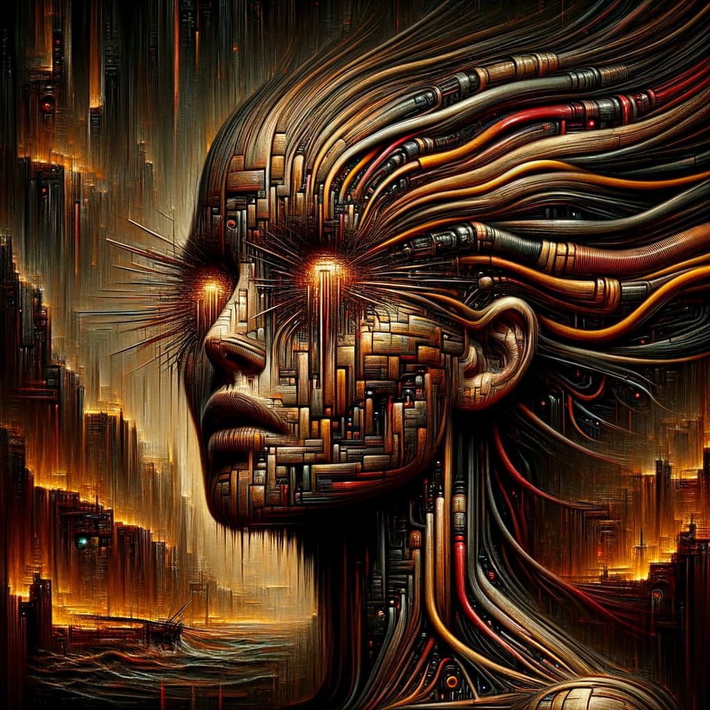 Surreal Woman Dissolving into Digital Static as Oil Painting