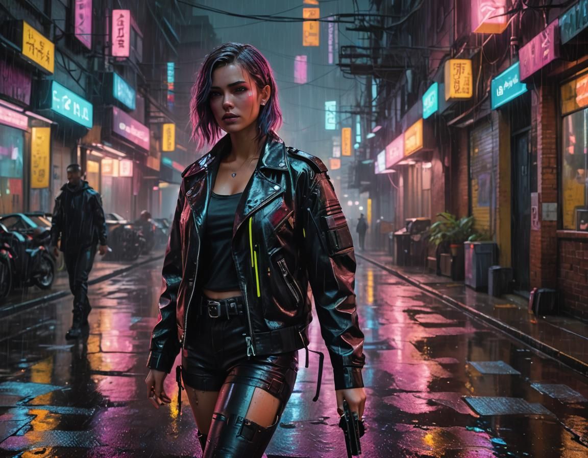 Cyberpunk Protagonist in Rainy City Alley: Oil Painting