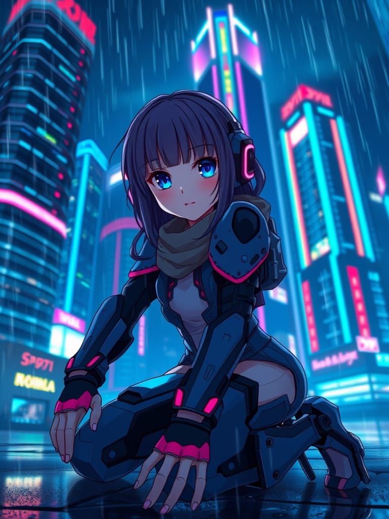 Dark Anime Cyborg Girl in Rainy City
