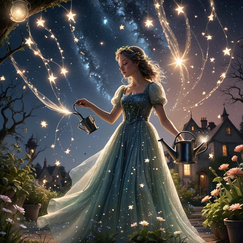 Fantasy Gardener Tending Stars in Midnight Sky