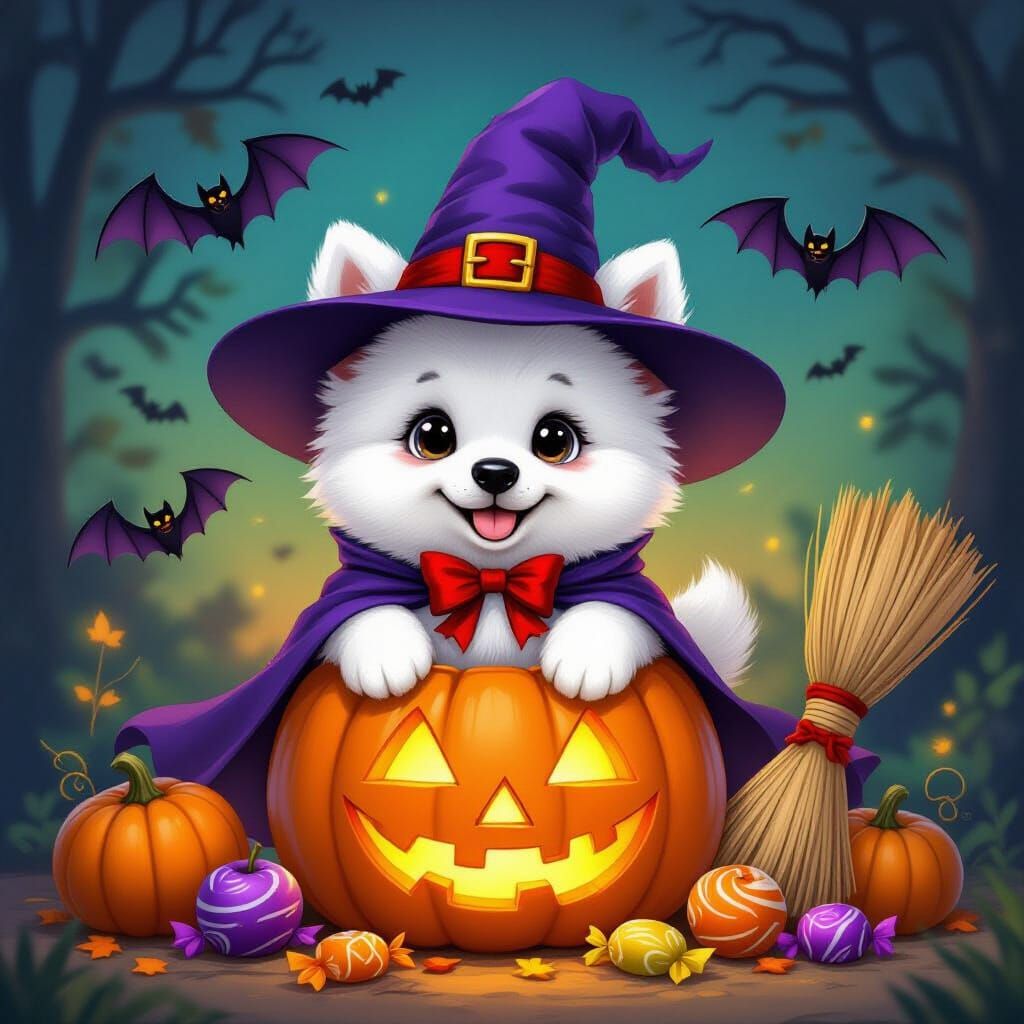 Halloween Puppy in Jack-o'-Lantern, Cartoon Illustration