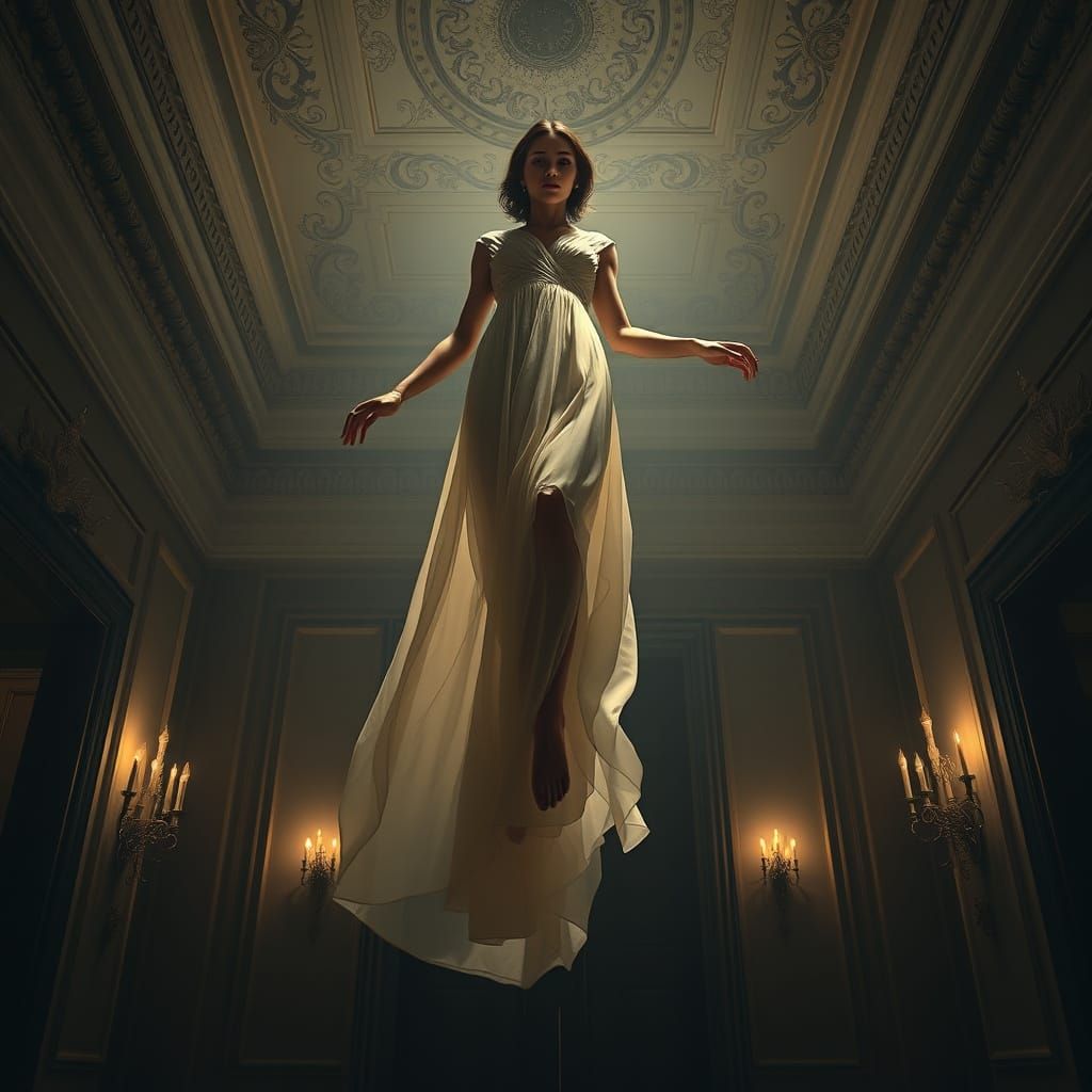 Elegant Woman Descends in Opulent Room as Digital Matte Pain...