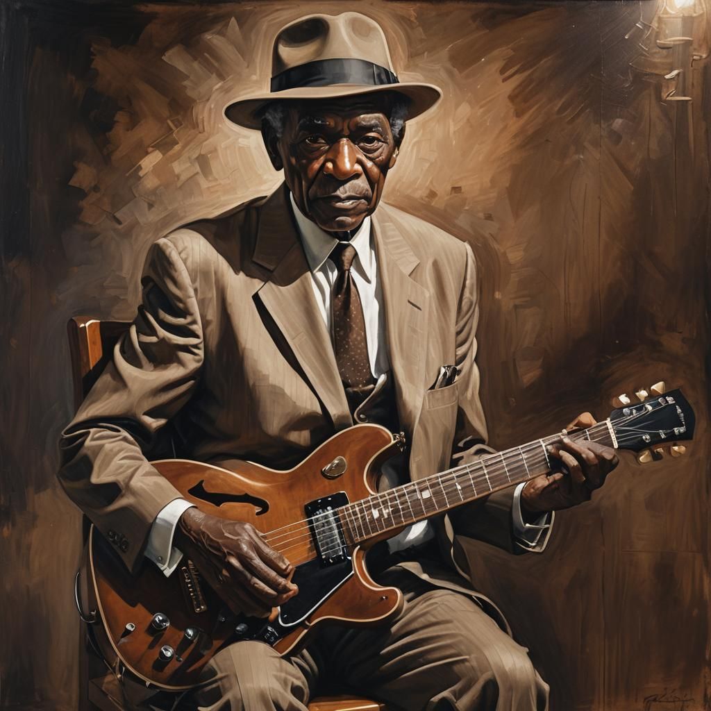 Elderly Man Playing Guitar in Dramatic Painting
