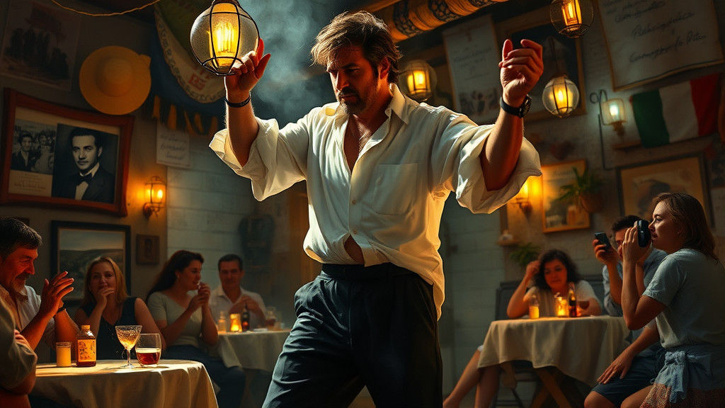 Greek Man Dances Zeibekiko in Traditional Taverna