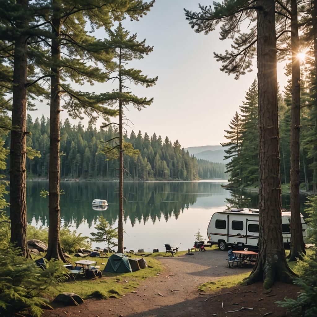 Thick forest by a peaceful lake with close up of an RV and campsite near the water.