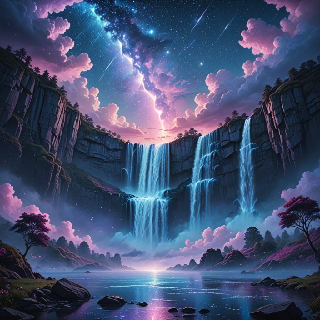 Stunning Starfall Waterfall in Digital Painting Style