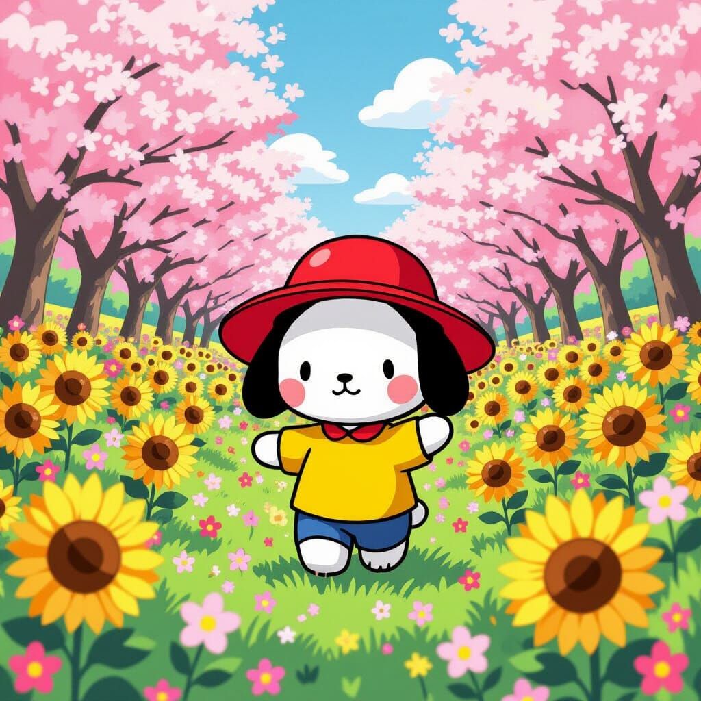 Pochacco in Flower Field, Sanrio-Style Art
