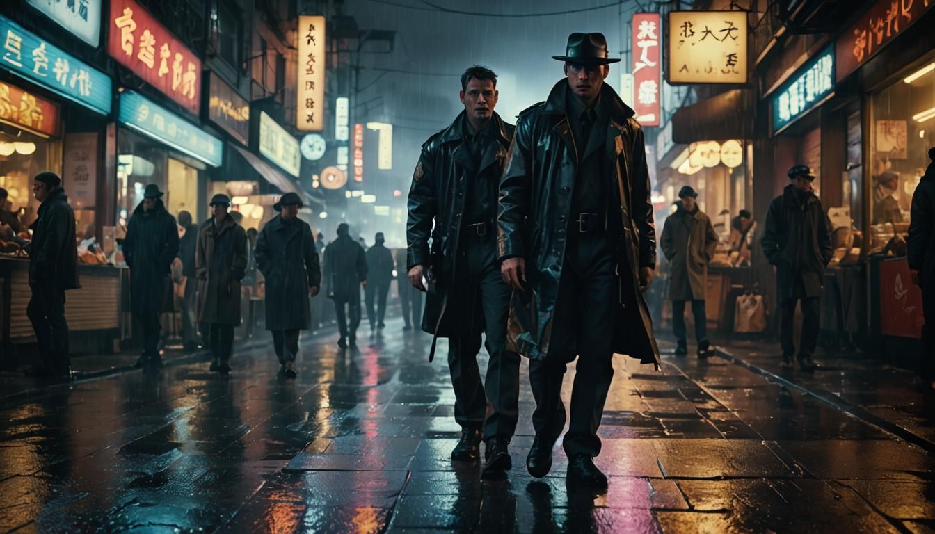 Undercover Officer in Crowded Cyberpunk District