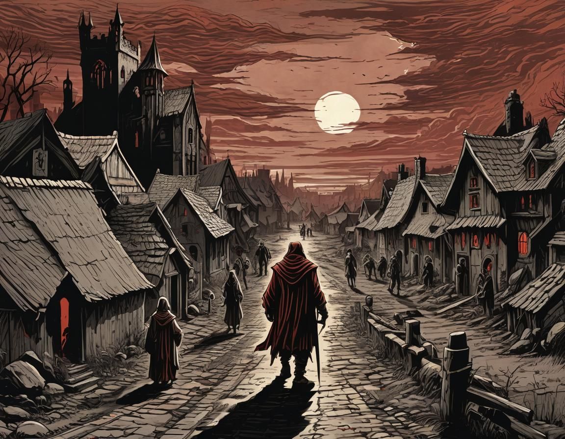 Man Leaves Medieval Town in 1970s Fantasy Art
