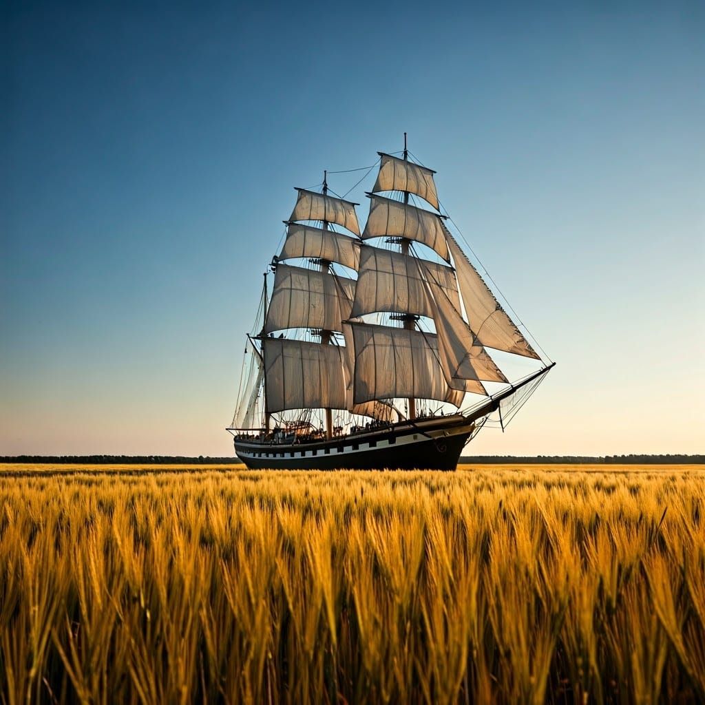 Ship Sails Through Golden Wheat Field