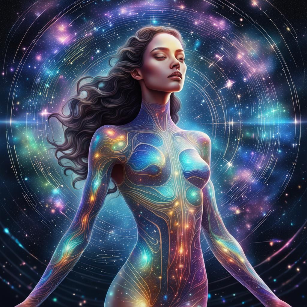 Petite Slender Figure in Cosmic Holographic Illustration
