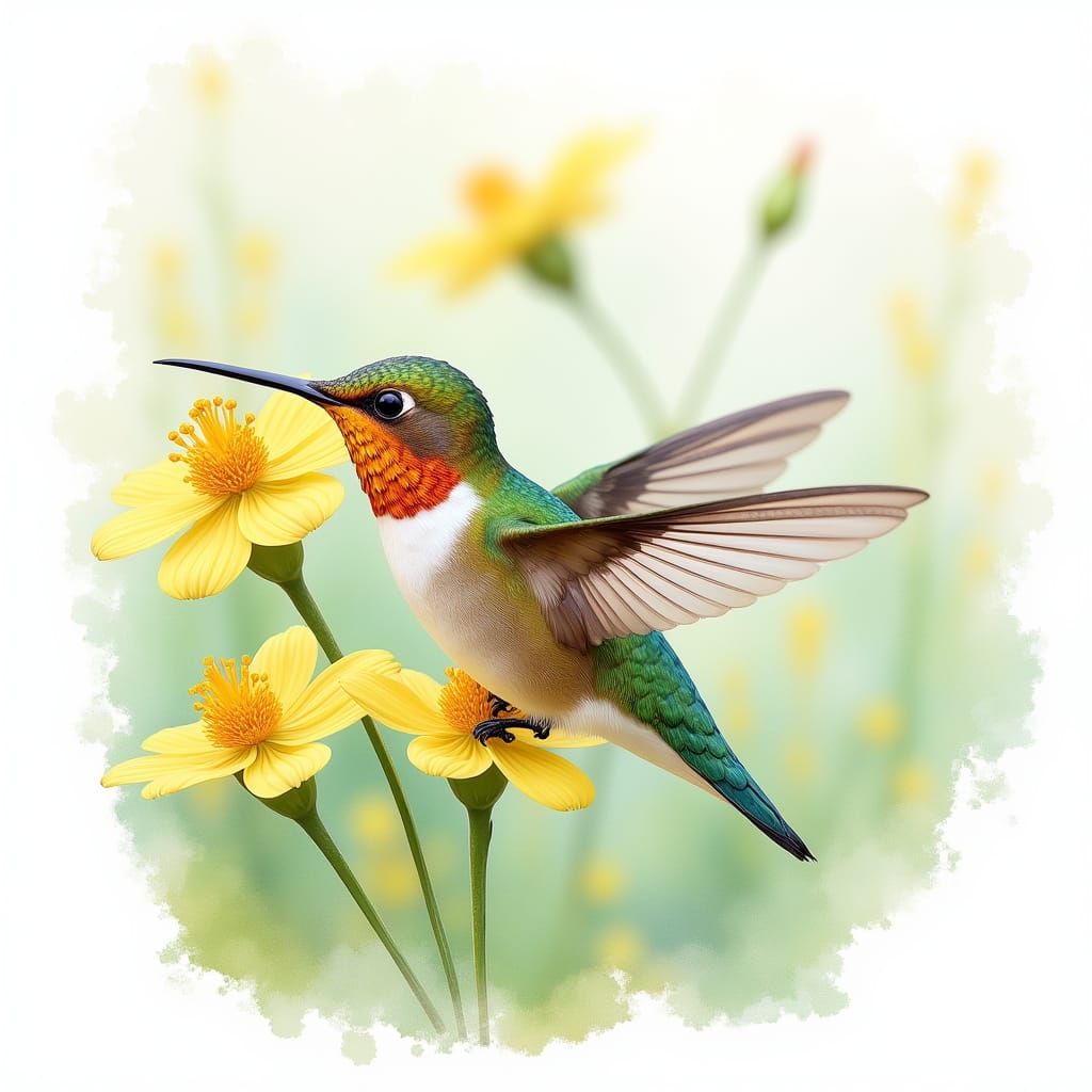 Hummingbird in Aquarelle Style with Iridescent Feathers