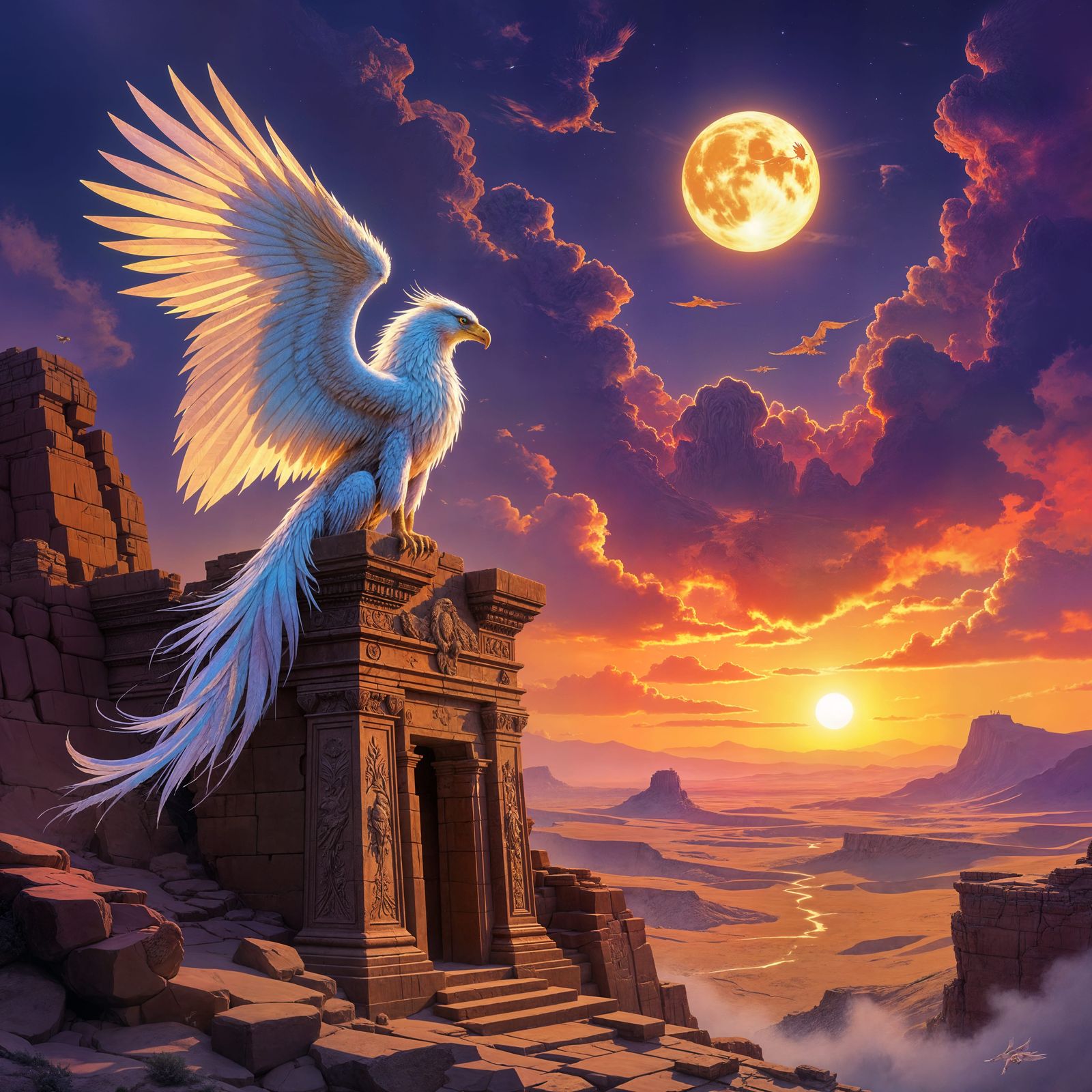 Majestic Griffin on Ancient Temple in Mystical Desert
