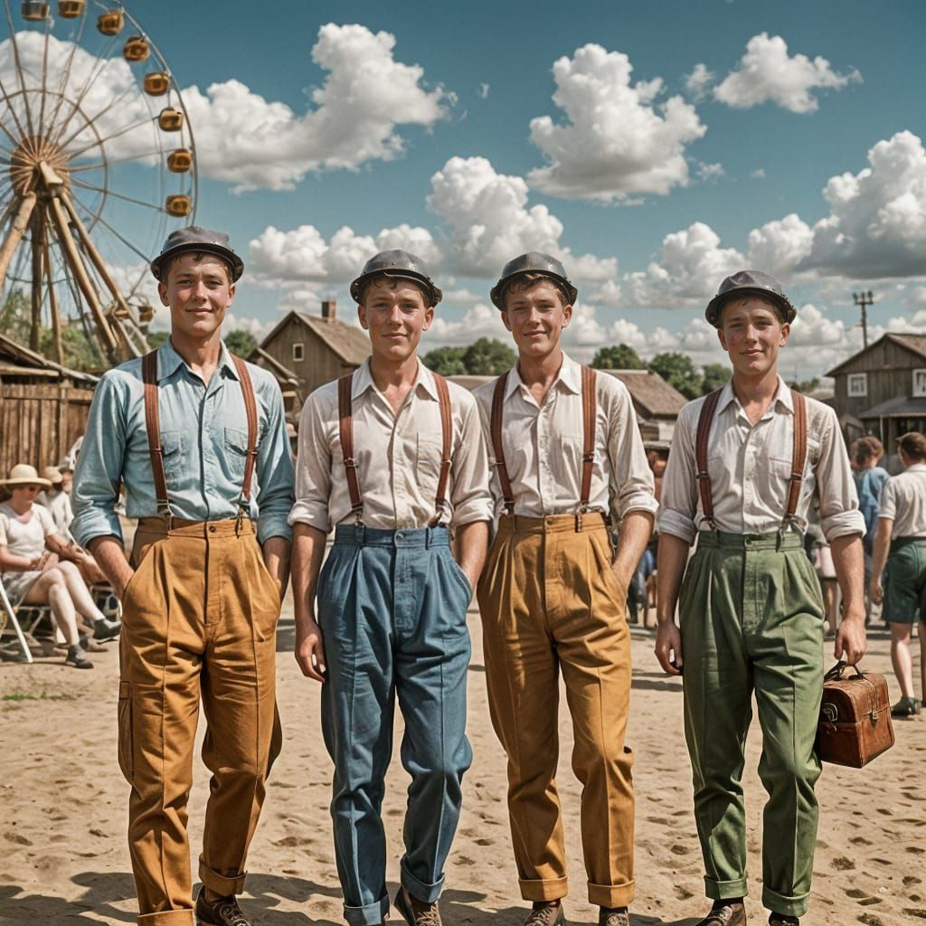 Cheerful Coal Miners Pose at British Seaside Holiday Camp in...