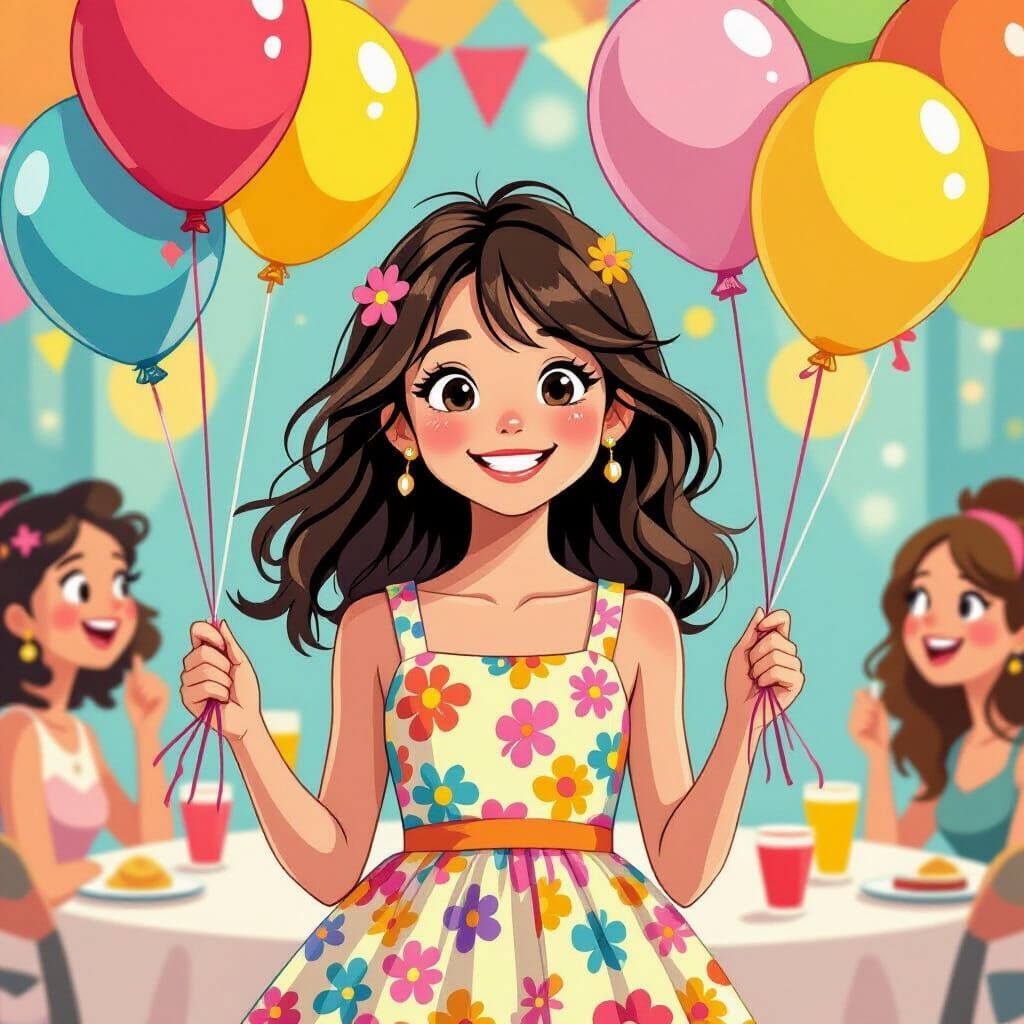 Smiling Girl with Balloons in Murakami Style