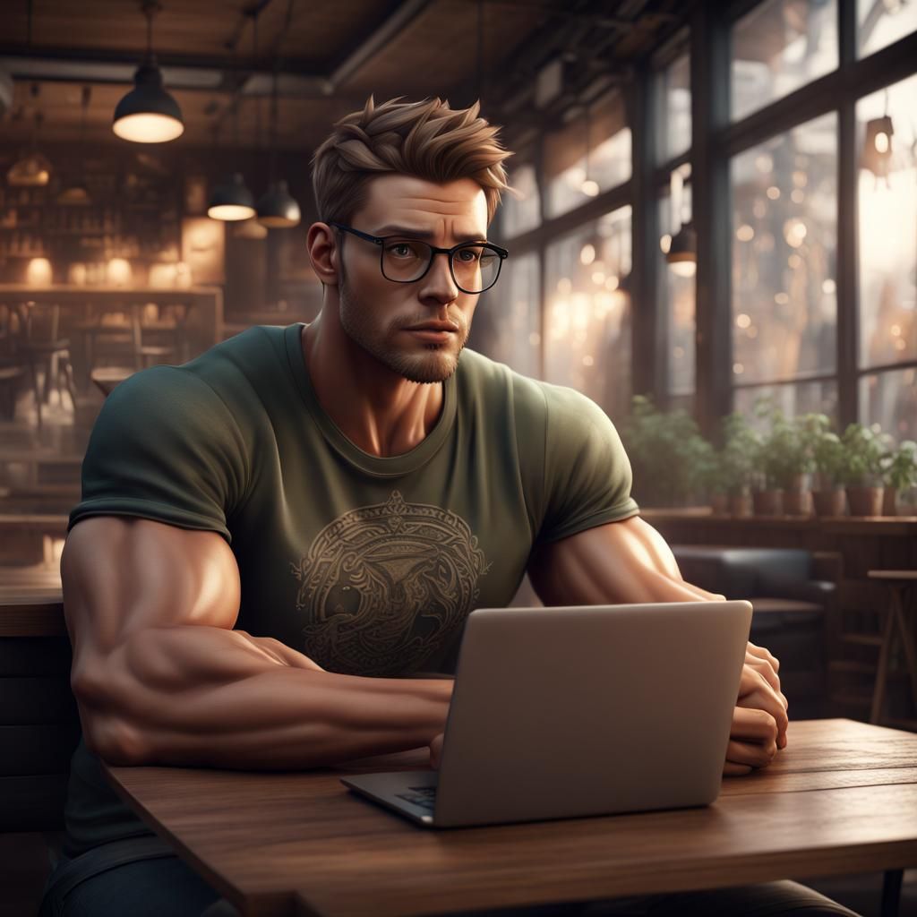 Handsome Man with Laptop in Cafe: Realistic Digital Art