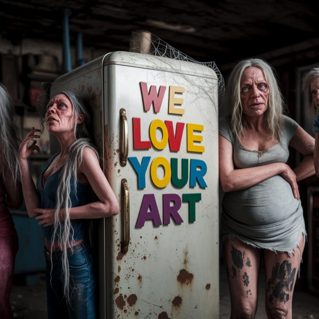 Decrepit 1950s Fridge with Grotesque Figures