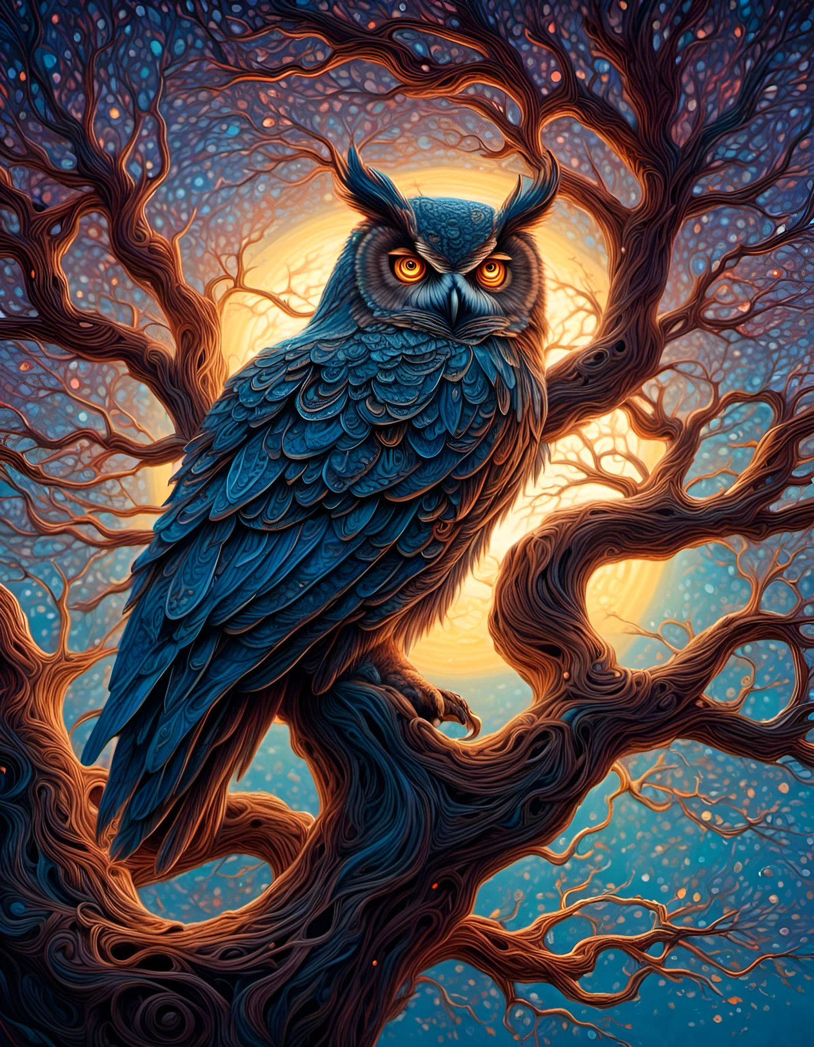 Cosmic Owl in Knotted Tree, Hyperdetailed Art