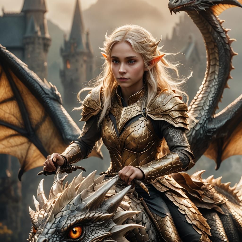 Elf Woman Rides a Dragon in Golden Light