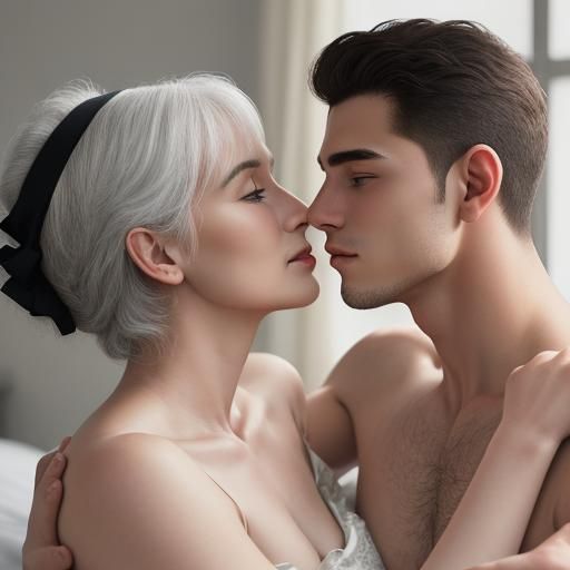 Passionate Kiss Between Elderly Woman and Young Man