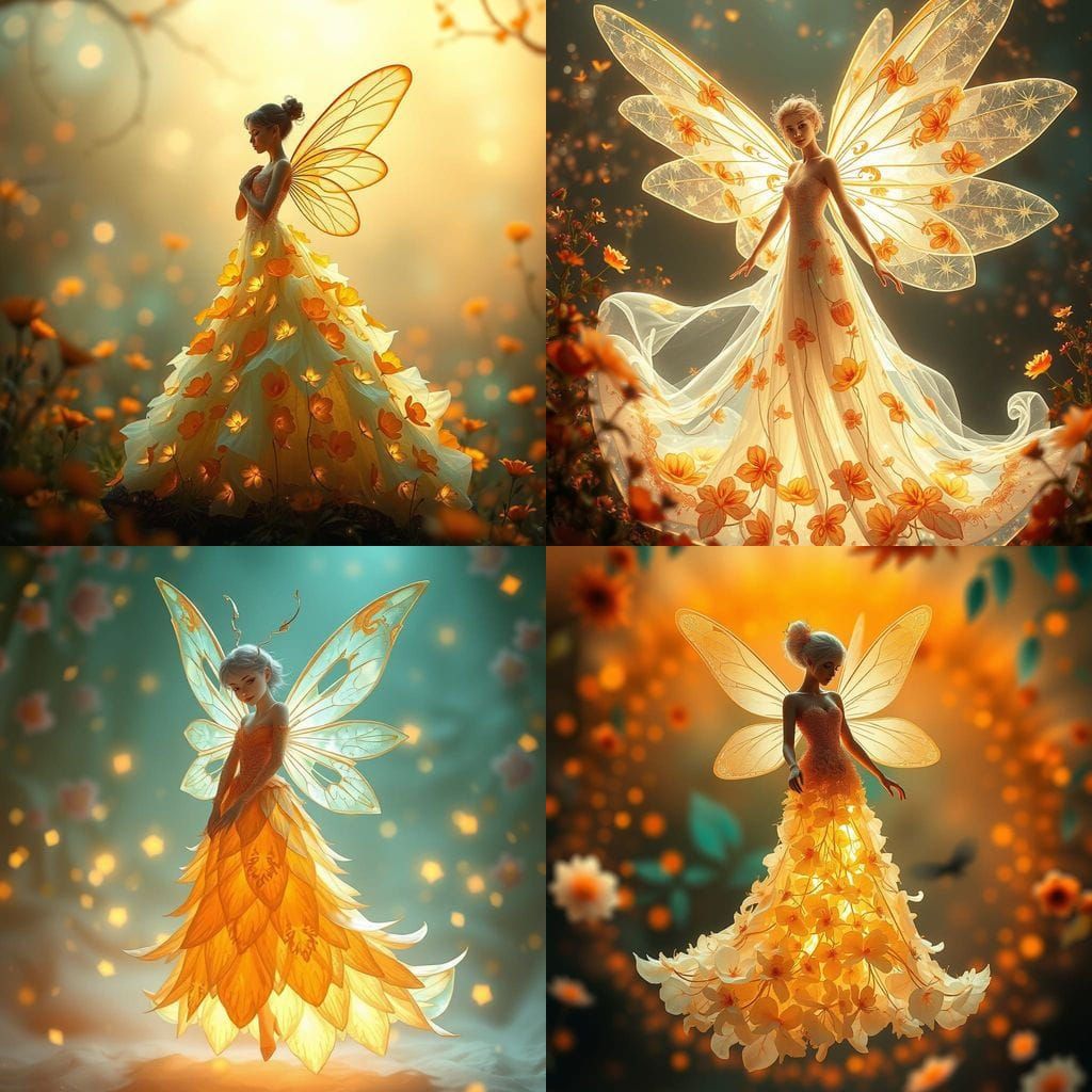 Ethereal Fairy in Vibrant Floral Gown Illuminated from Below