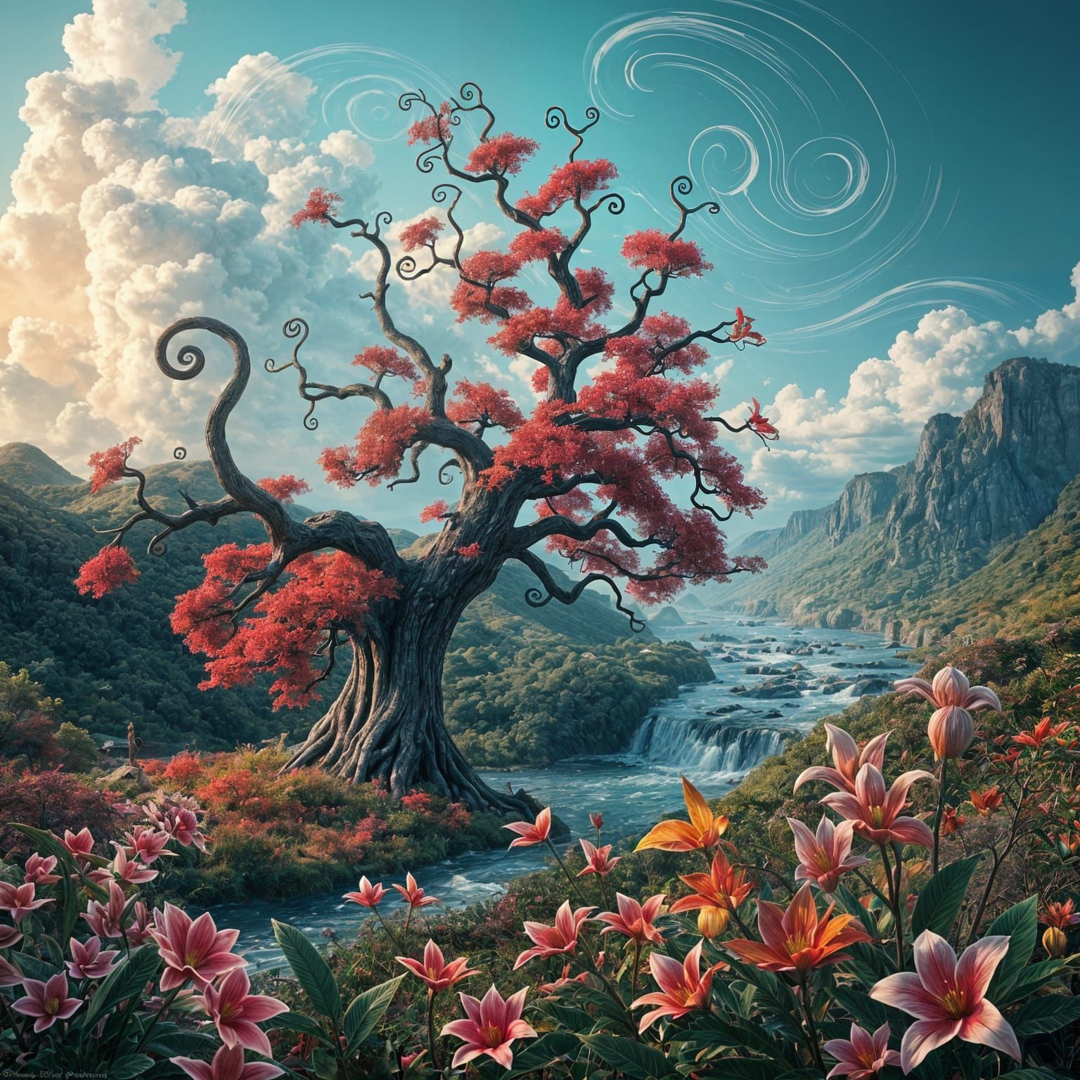 Surreal Stormy Landscape with Fantastical Tree