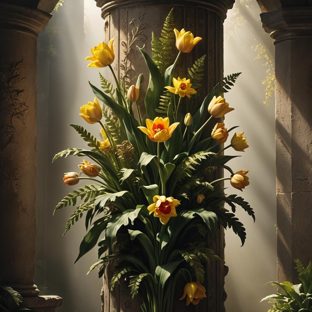 Tulips and Ferns Still Life in Chiaroscuro Style