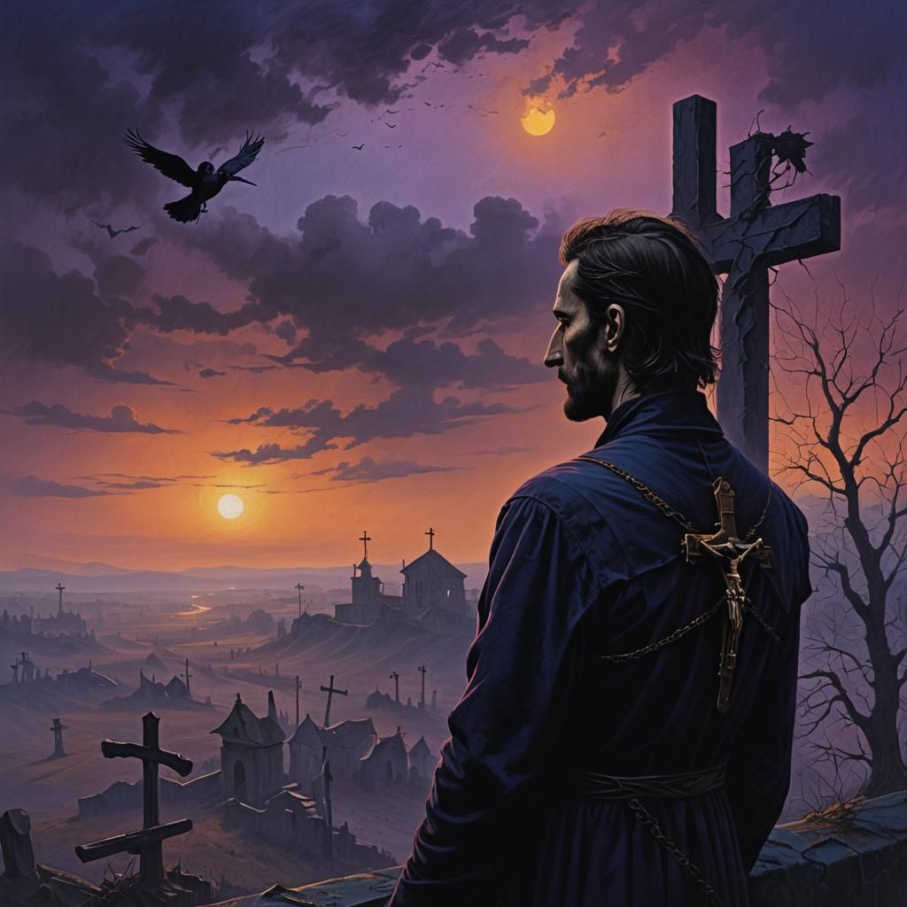 Gothic Man and Crow Cemetery Scene
