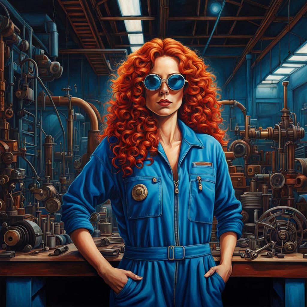 Woman Mechanic in Workshop, Hyperdetailed and Colorful