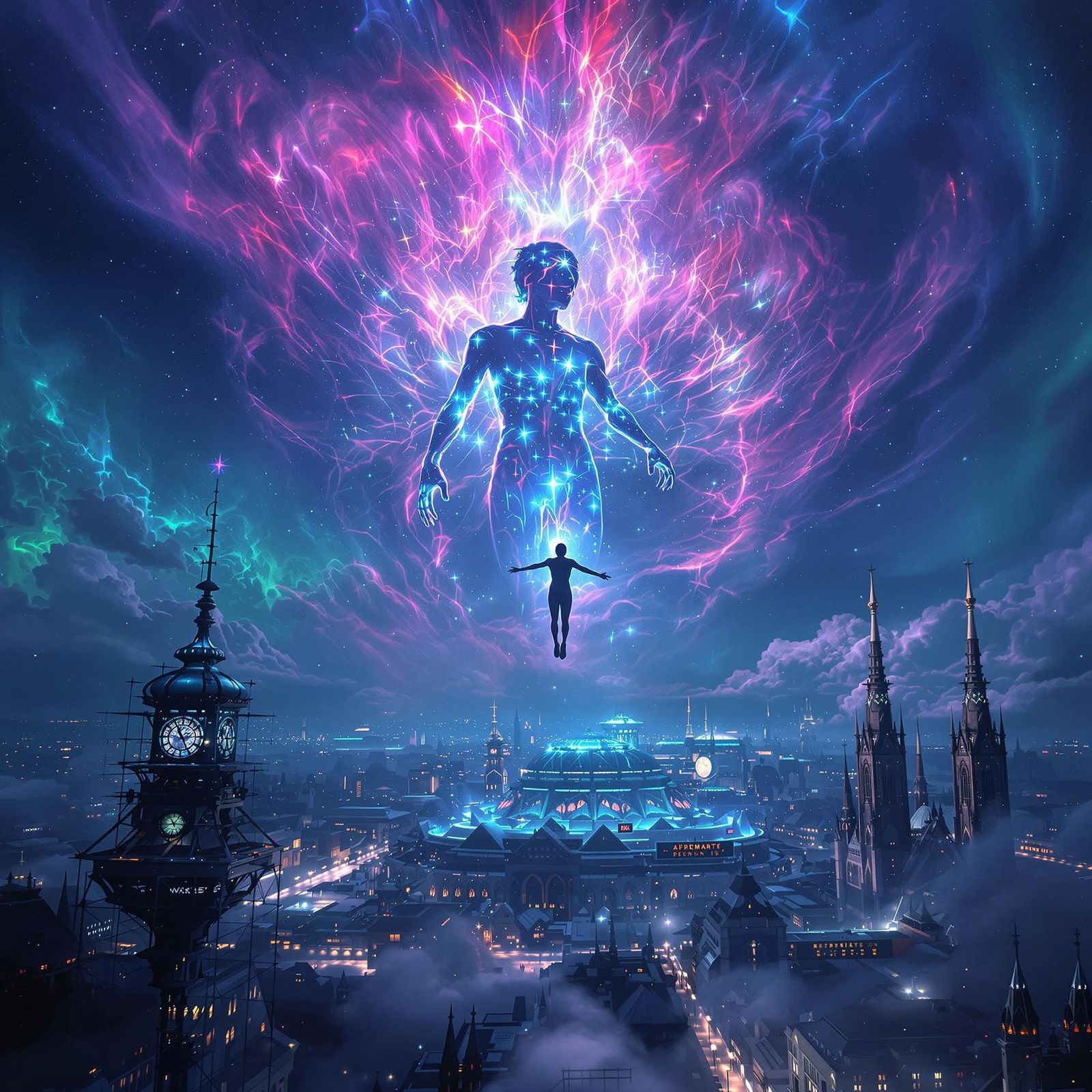 Humanity in Ethereal Aurora Over Gothic Metropolis