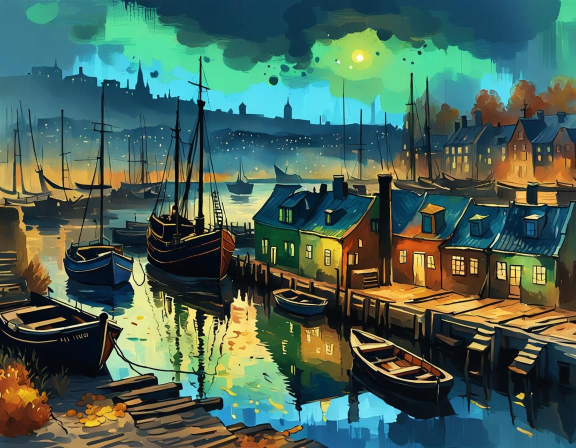 Autumn Harbor Scene in Soft Watercolor Style